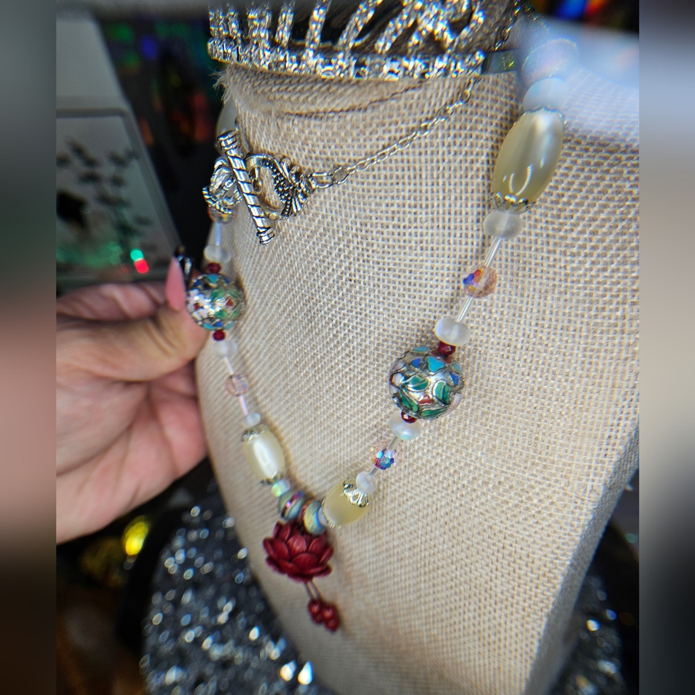 SOLD-Artisan Quadruple Threat Cloisonne, Cinnabar, & Moonglow, w/ Rubies -  Set - Picture 5 of 11